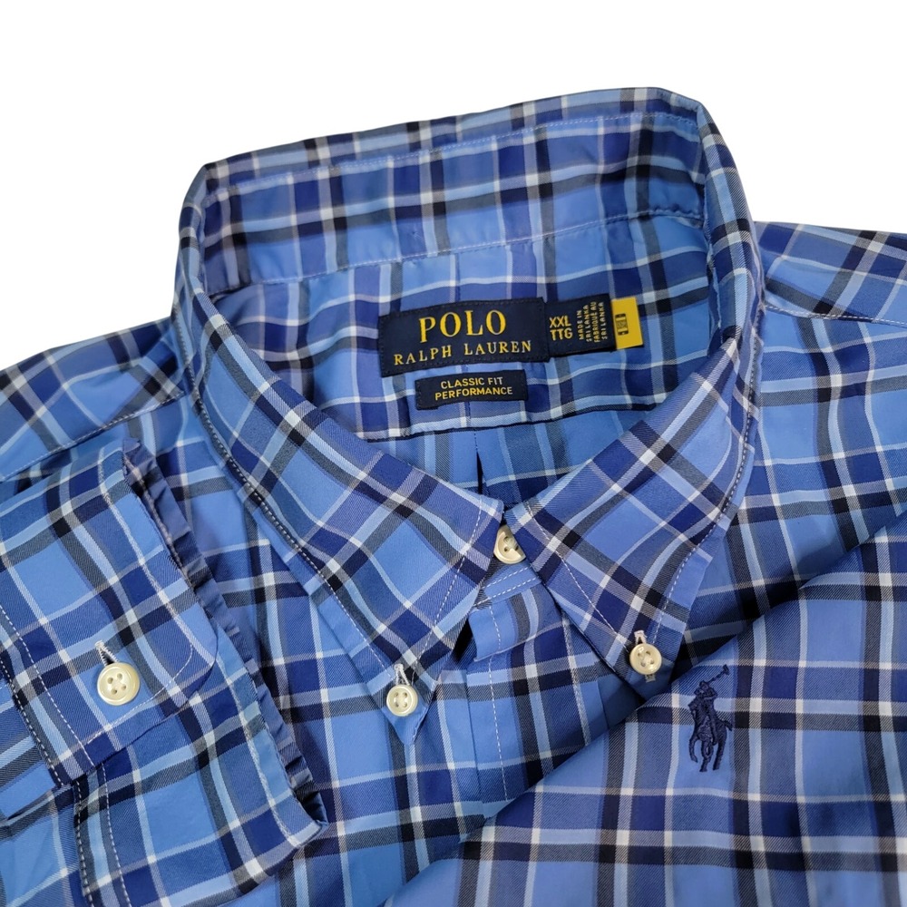 Polo Ralph Lauren Button-Down Mens XXL Classic Fit Performance Blue Plaid EUC